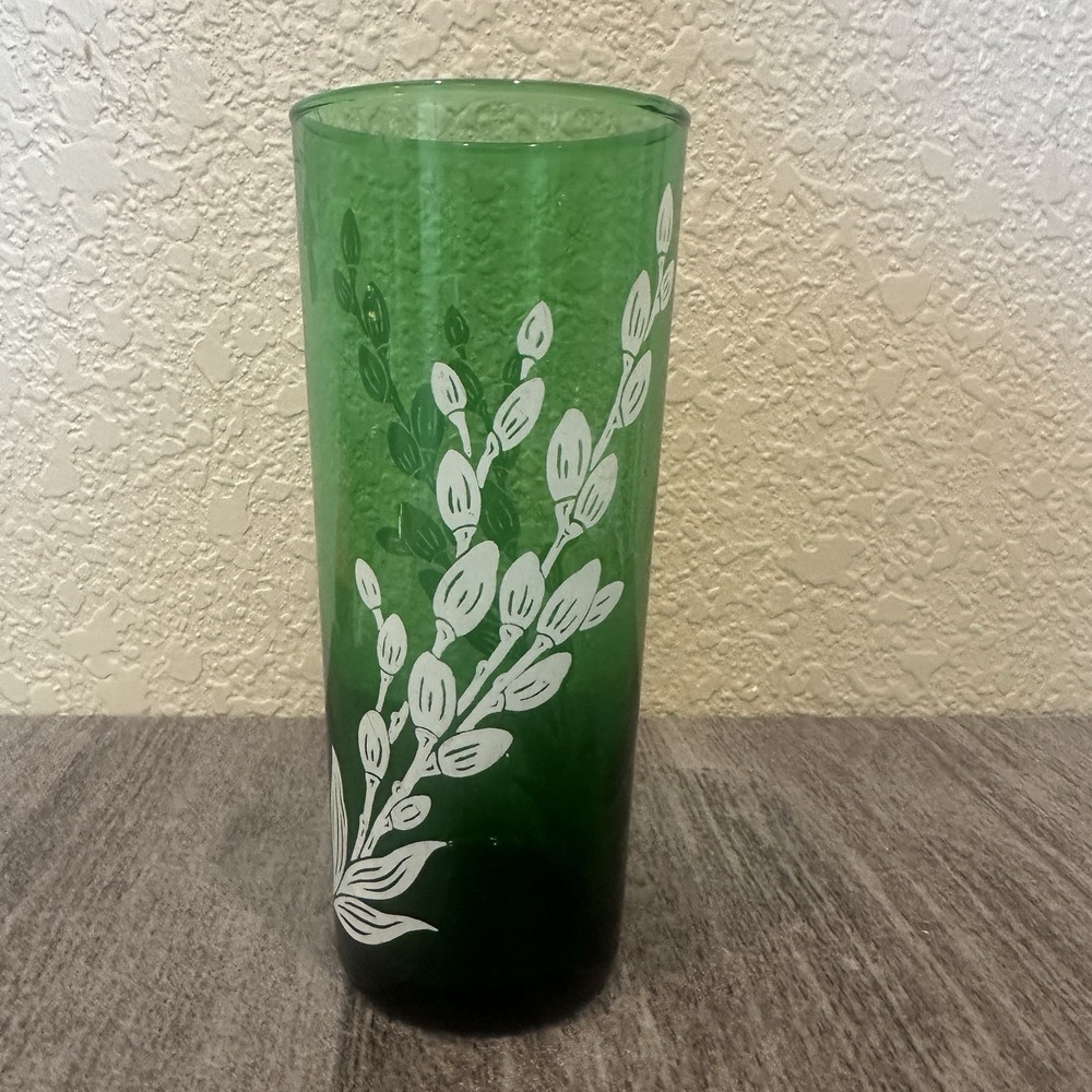 Anchor Hocking Tumbler Forest Green White Plant Buds Retro